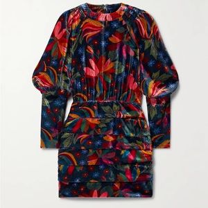FARM RIO Ruched floral-print velvet mini dress XS